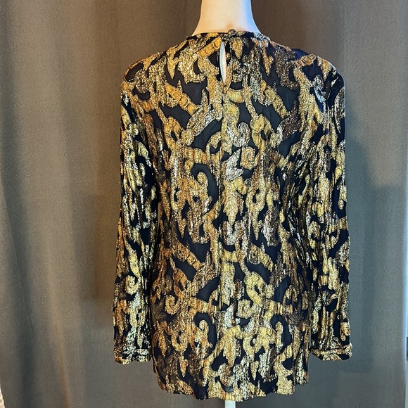 WOMENS SZ XL DBN METALLIC LOOK BLACK & GOLD LONG SLEEVE EVENING WEAR BLOUSE - Picture 5 of 7